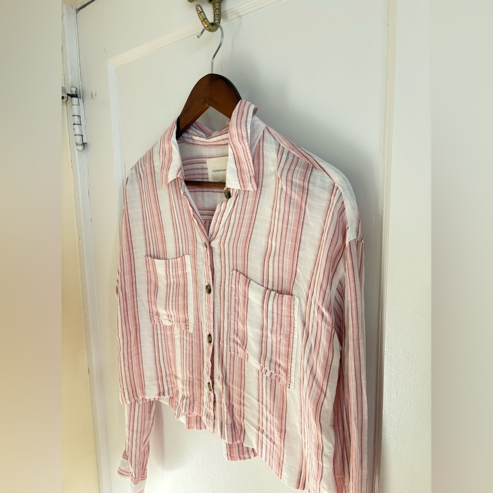 Aeropostale Long Sleeve Striped Button-Down Top Pink White Small‎ - Picture 5 of 13